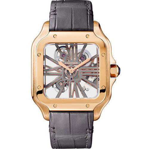 Cartier Santos de Cartier Watch - 39.8 mm Pink Gold Case - Skeleton Dial - Alligator And In Calfskin Strap - WHSA0018