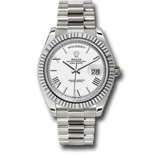 Rolex White Gold Day-Date 40 Watch - Fluted Bezel - White Bevelled Roman Dial - President Bracelet - 228239 wrp