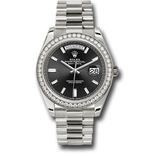 Rolex White Gold Day-Date 40 Watch - White Gold Bezel - Black Baguette Diamond Dial - President Bracelet - 228349RBR bkbdp