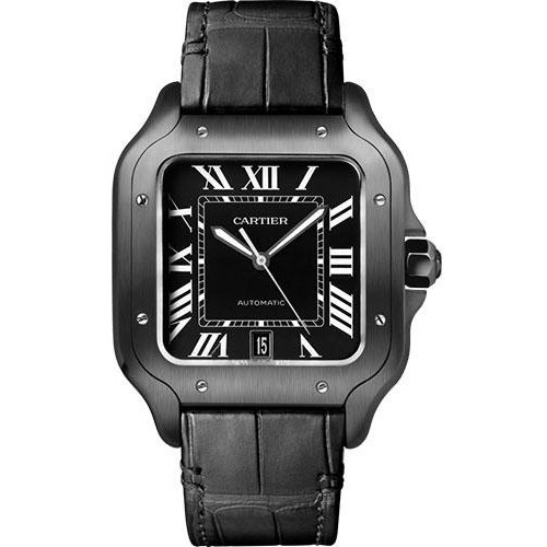 Cartier Santos de Cartier Watch - 39.8 mm Steel And Adlc Case - Black Dial - Both Bracelet - Rubber Strap - WSSA0039