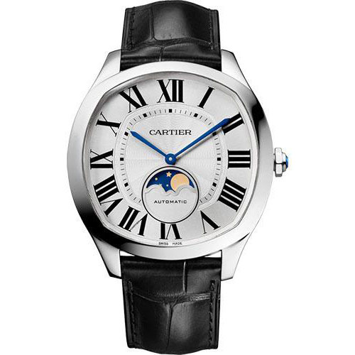 Cartier Drive de Cartier Moon Phases Watch - 40 mm Steel Case - Silvered Dial - Black Alligator Strap - WSNM0008