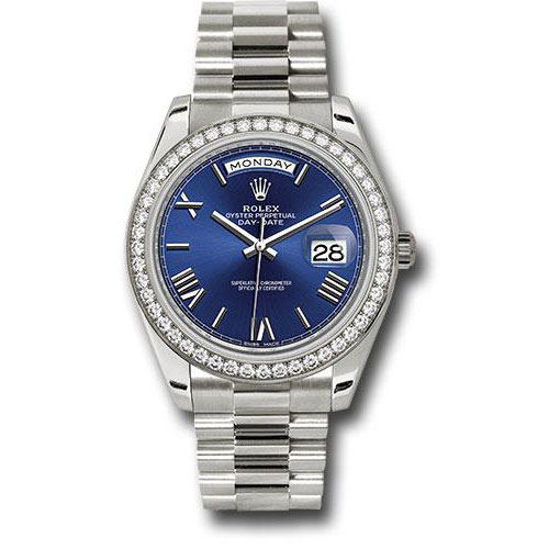 Rolex White Gold Day-Date 40 Watch -  Bezel - Blue Bevelled Roman Dial - President Bracelet - 228349RBR blrp