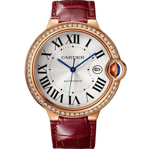 Cartier Ballon Bleu de Cartier Watch - 42 mm Pink Gold Case - Diamond Bezel - Burgundy Alligator Strap - WJBB0035