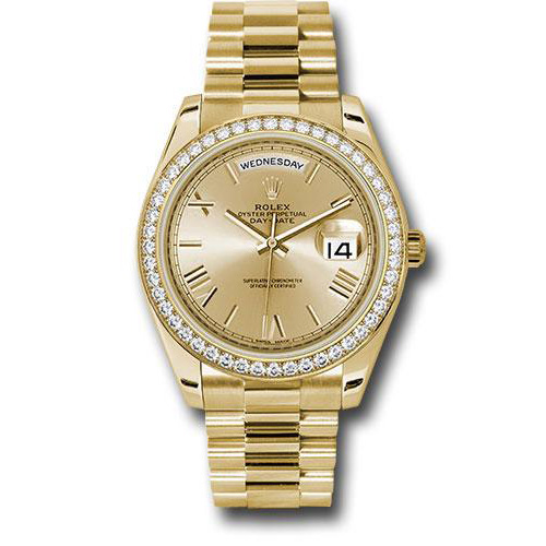 Rolex Yellow Gold Day-Date 40 Watch -  Bezel - Champagne Bevelled Roman Dial - President Bracelet - 228348RBR chrp