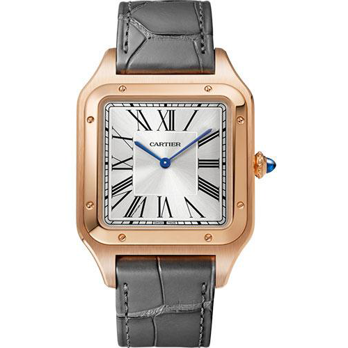 Cartier Santos-Dumont Watch - 46.6 mm x 33.9 mm Pink Gold Case - Silver Dial - Gray Leather Strap - WGSA0032