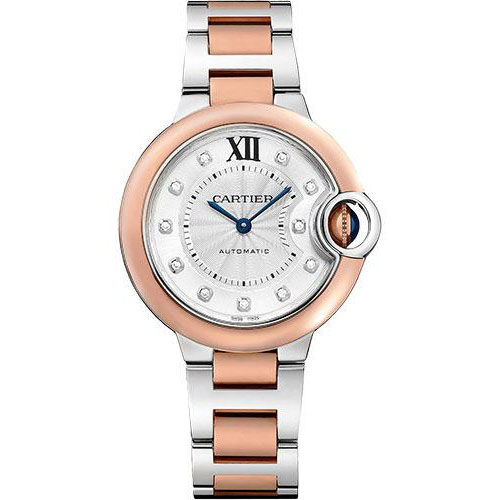 Cartier Ballon Bleu de Cartier Watch - 33 mm Steel and Rose Gold Case - Silvered Diamond Dial - Interchangeable Two-Tone Bracelet - W3BB0021