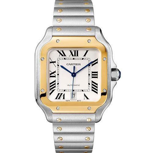 Cartier Santos de Cartier Watch - 39.8 mm Gold And Steel Case - Yellow Gold Bezel - Silvered Dial - Steel Bracelet - W2SA0009