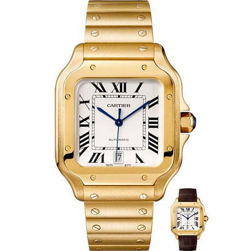 Cartier Santos de Cartier Watch - 39.8 mm Yellow Gold Case - Silvered Dial - Allilgator Strap - WGSA0009