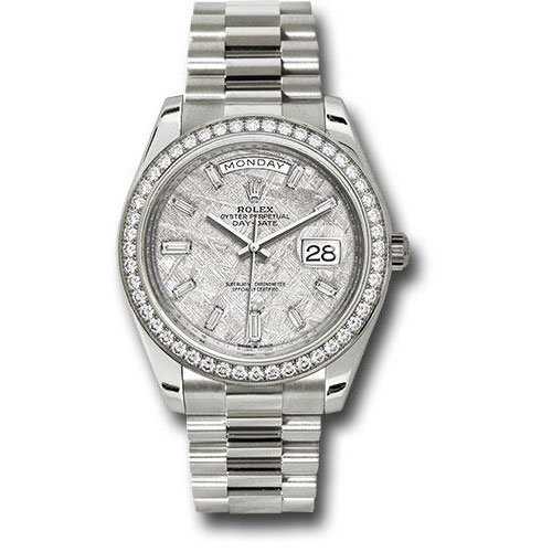 Rolex White Gold Oyster Perpetual Day-Date 40 - Diamond Bezel - Meteorite Baguette Diamond Dial - President Bracelet - 228349RBR mtbdp