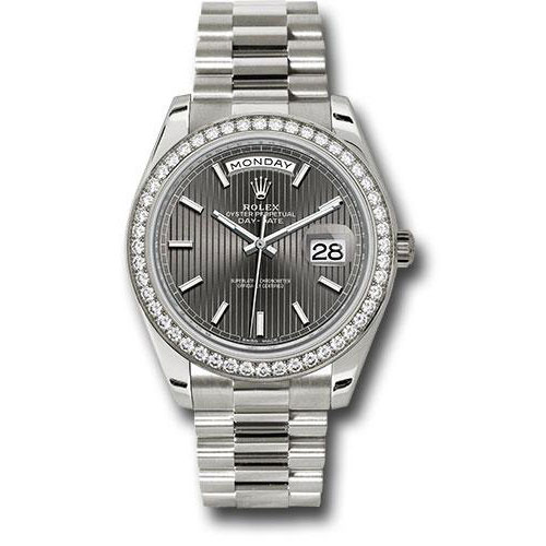 Rolex White Gold Day-Date 40 Watch -  Bezel - Dark Rhodium Stripe Motif Index Dial - President Bracelet - 228349RBR rsmip