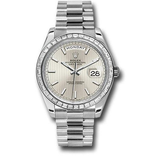 Rolex 950 Platinum Day-Date 40 Watch -  Bezel - Silver Strip Motif Index Dial - President Bracelet - 228396TBR ssmip