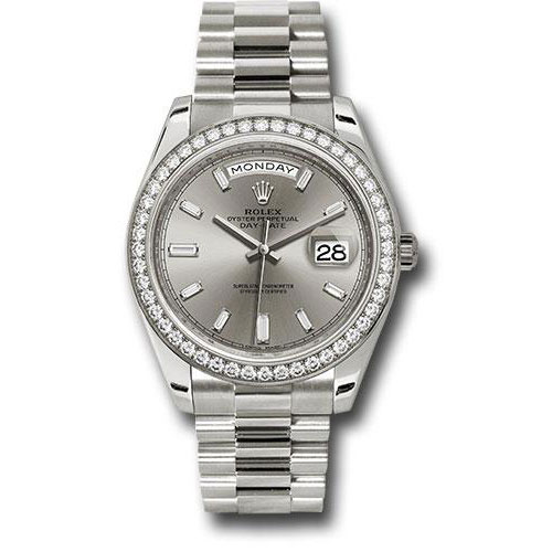 Rolex White Gold Day-Date 40 Watch - White Gold Bezel - Silver Baguette Diamond Dial - President Bracelet - 228349RBR sbdp