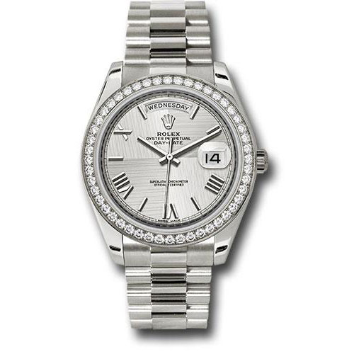 Rolex White Gold Day-Date 40 Watch -  Bezel - Silver Quadrant Motif Bevelled Roman Dial - President Bracelet - 228349RBR sqmrp