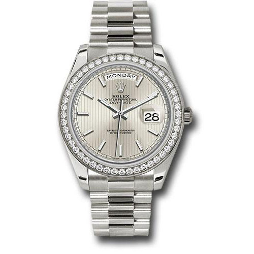 Rolex White Gold Day-Date 40 Watch -  Bezel - Silver Stripe Motif Index Dial - President Bracelet - 228349RBR ssmip