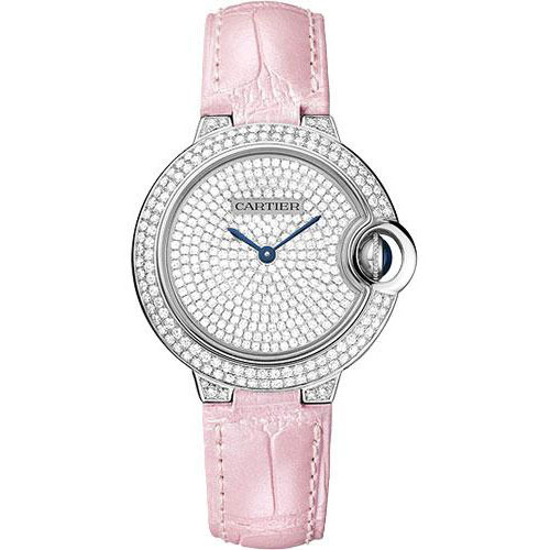 Cartier Ballon Bleu de Cartier Watch - 33 mm White Gold Diamond Case - Diamond Paved Dial - Pearly Pink Alligator Strap - WE902047