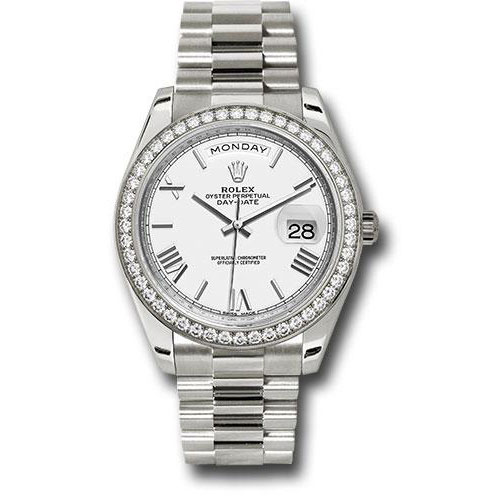 Rolex White Gold Day-Date 40 Watch -  Bezel - White Bevelled Roman Dial - President Bracelet - 228349RBR wrp