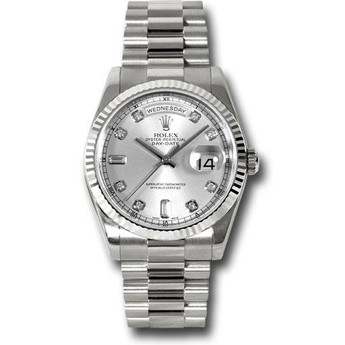 Rolex White Gold Day-Date 36 Watch - Fluted Bezel - Silver Diamond Dial - President Bracelet - 118239 sdp