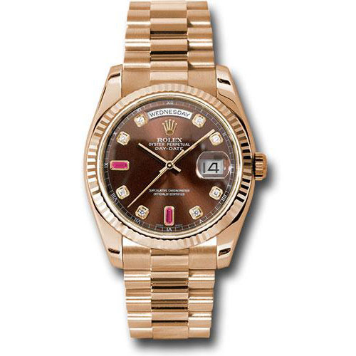 Rolex Everose Gold Day-Date 36 Watch - Fluted Bezel - Chocolate Diamond And Ruby Dial - President Bracelet - 118235 chodrp