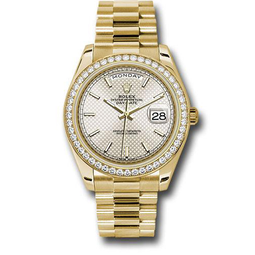 Rolex Yellow Gold Day-Date 40 Watch -  Bezel - Silver Diagonal Motif Index Dial - President Bracelet - 228348RBR sdmip