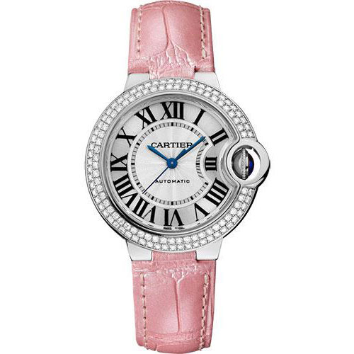Cartier Ballon Bleu de Cartier Watch - 33 mm White Gold Diamond Case - Pearly Pink Alligator Strap - WE902067