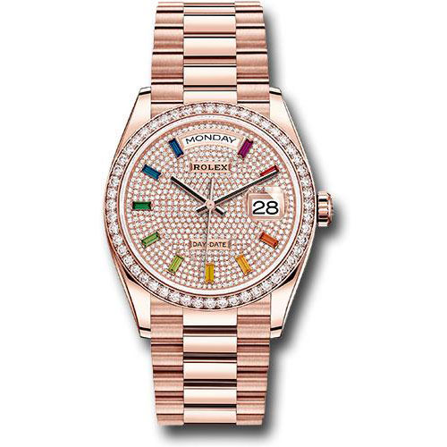 Rolex Everose Gold Day-Date 36 Watch - Diamond Bezel - Diamond-Paved Rainbow Sapphire Dial - President Bracelet - 128345RBR dprsp