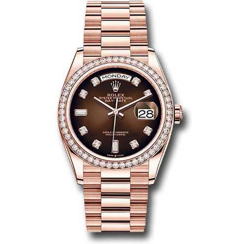 Rolex Everose Gold Day-Date 36 Watch - Diamond Bezel - Brown Ombre Diamond Dial - President Bracelet - 128345RBR brodp