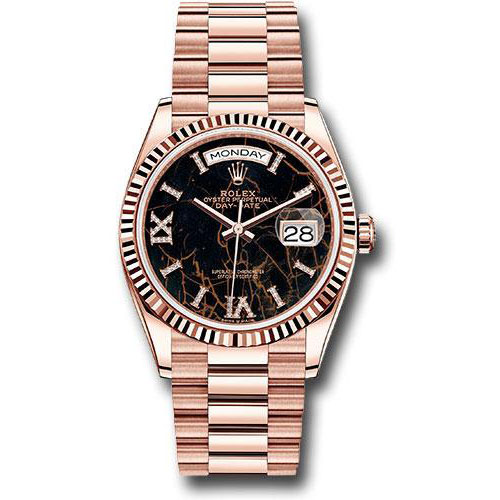 Rolex Everose Gold Day-Date 36 Watch - Fluted Bezel - Eisenkiesel Diamond Dial - President Bracelet - 128235 edr69p