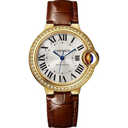 Cartier Ballon Bleu de Cartier Watch - 33 mm Yellow Gold Diamond Case - Brown Strap - WJBB0040