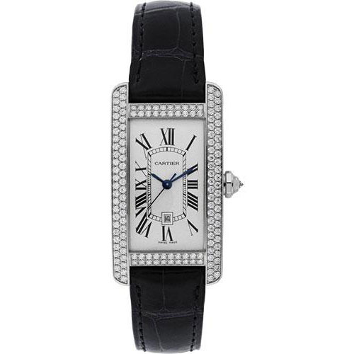 Cartier Tank Americaine Watch - Medium White Gold Diamond Case - Alligator Strap - WB710002