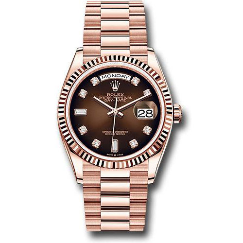 Rolex Everose Gold Day-Date 36 Watch - Fluted Bezel - Brown Ombre´ Diamond Dial - President Bracelet - 128235 brodp