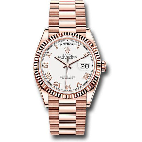 Rolex Everose Gold Day-Date 36 Watch - Fluted Bezel - White Roman Dial - President Bracelet - 128235 wrp