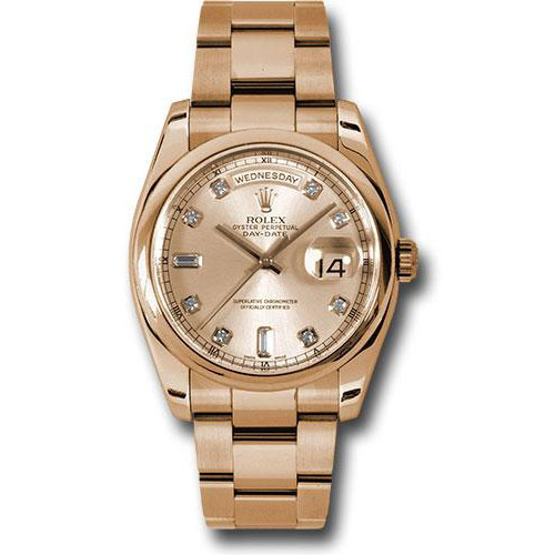 Rolex Pink Gold Day-Date 36 Watch - Domed Bezel - Pink Champagne Diamond Dial - Oyster Bracelet - 118205 chdo