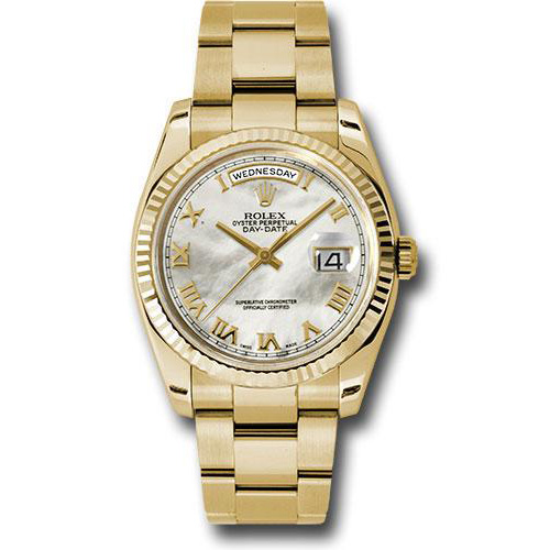 Rolex Yellow Gold Day-Date 36 Watch - Fluted Bezel - Mother-Of-Pearl Roman Dial - Oyster Bracelet - 118238 mro