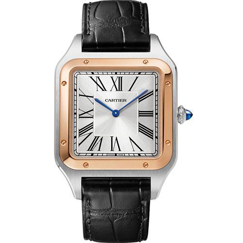 Cartier Santos-Dumont Watch - 46.6 mm x 33.9 mm Steel Case - Pink Gold Bezel - Silver Dial - Black Leather Strap - W2SA0017