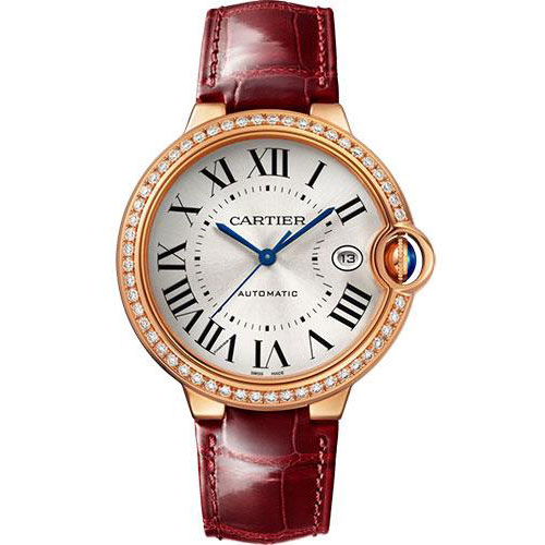 Cartier Ballon Bleu de Cartier Watch - 40 mm Rose Gold Diamond Case - Silvered Dial - Burgundy Alligator Strap - WJBB0056