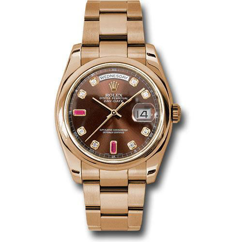 Rolex Everose Gold Day-Date 36 Watch - Domed Bezel - Chocolate Diamond And Ruby Dial - Oyster Bracelet - 118205 chodro