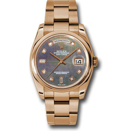 Rolex Pink Gold Day-Date 36 Watch - Domed Bezel - Dark Mother-Of-Pearl Diamond Dial - Oyster Bracelet - 118205 dkmdo
