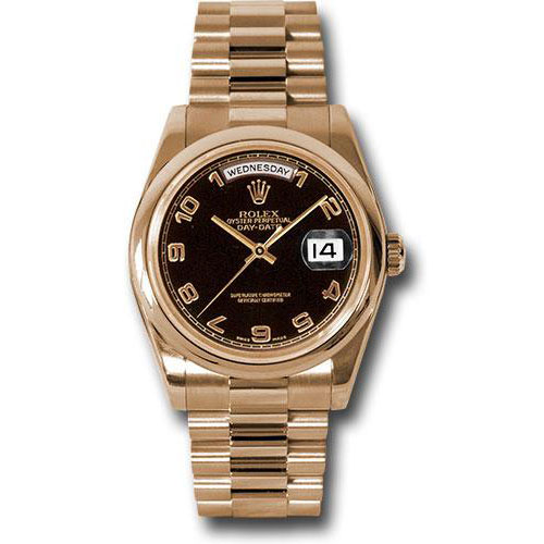 Rolex Pink Gold Day-Date 36 Watch - Domed Bezel - Black Arabic Dial - President Bracelet - 118205 bkap
