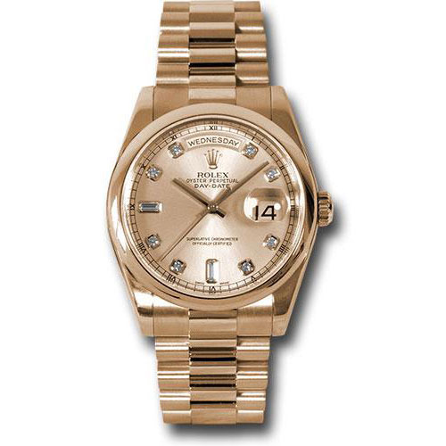 Rolex Pink Gold Day-Date 36 Watch - Domed Bezel - Pink Champagne Diamond Dial - President Bracelet - 118205 chdp