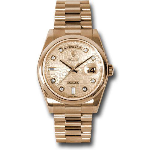 Rolex Pink Gold Day-Date 36 Watch - Domed Bezel - Pink Champagne Jubilee Diamond Dial - President Bracelet - 118205 chjdp