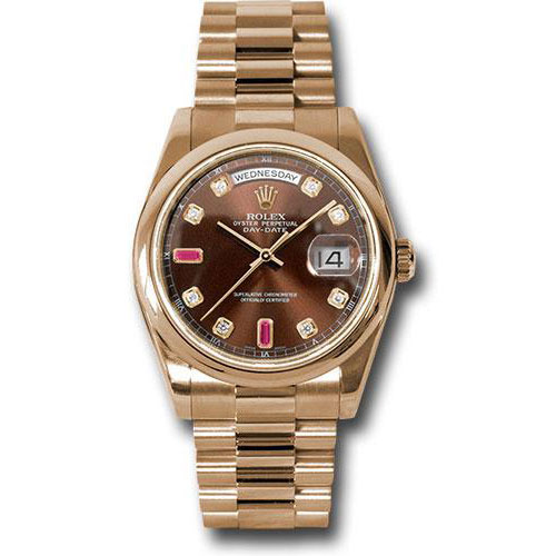 Rolex Everose Gold Day-Date 36 Watch - Domed Bezel - Chocolate Diamond And Ruby Dial - President Bracelet - 118205 chodrp
