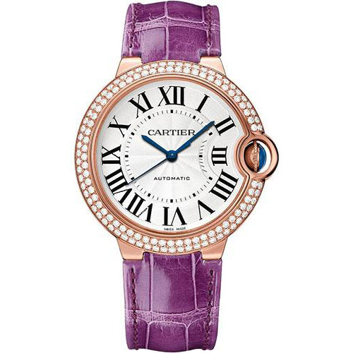 Cartier Ballon Bleu de Cartier Watch - 36 mm Rose Gold Diamond Case - Opaline Dial - Purple Alligator Strap - WJBB0050