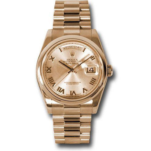 Rolex Pink Gold Day-Date 36 Watch - Domed Bezel - Pink Champagne Roman Dial - President Bracelet - 118205 chrp