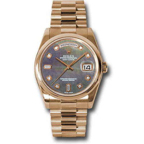 Rolex Pink Gold Day-Date 36 Watch - Domed Bezel - Dark Mother-Of-Pearl Diamond Dial - President Bracelet - 118205 dkmdp