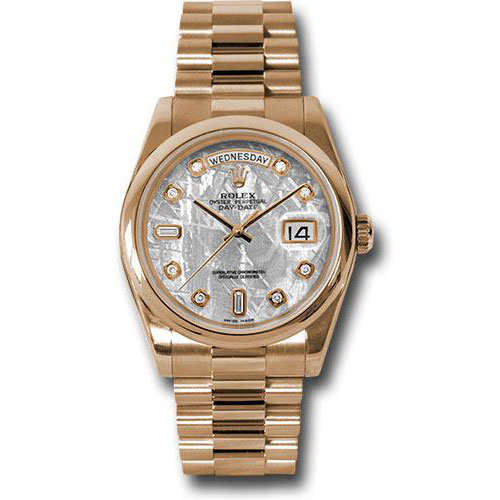 Rolex Pink Gold Day-Date 36 Watch - Domed Bezel - Meteorite Diamond Dial - President Bracelet - 118205 mtdp