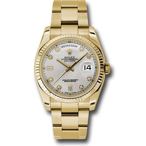 Rolex Yellow Gold Day-Date 36 Watch - Fluted Bezel - Silver Diamond Dial - Oyster Bracelet - 118238 sdo