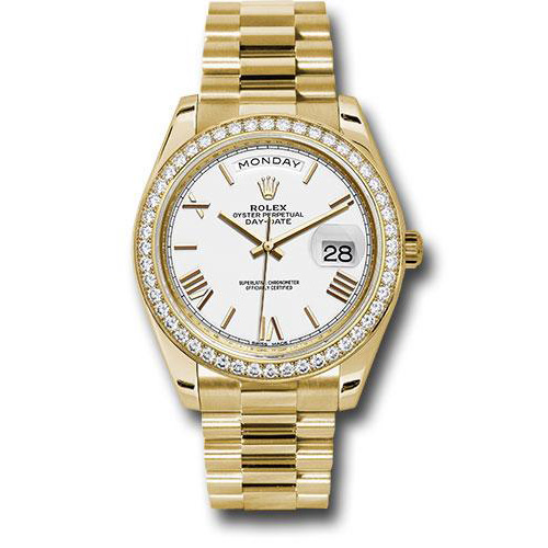Rolex Yellow Gold Day-Date 40 Watch -  Bezel - White Bevelled Roman Dial - President Bracelet - 228348RBR wrp