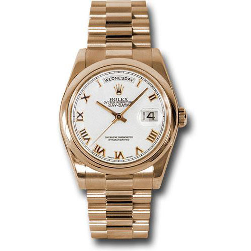 Rolex Pink Gold Day-Date 36 Watch - Domed Bezel - White Roman Dial - President Bracelet - 118205 wrp