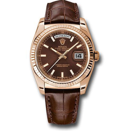 Rolex Everose Gold Day-Date 36 Watch - Fluted Bezel - Chocolate Index Dial - Brown Leather - 118135 chl