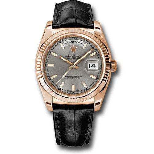Rolex Everose Gold Day-Date 36 Watch - Fluted Bezel - Rhodium Index Dial - Black Leather - 118135 rhl